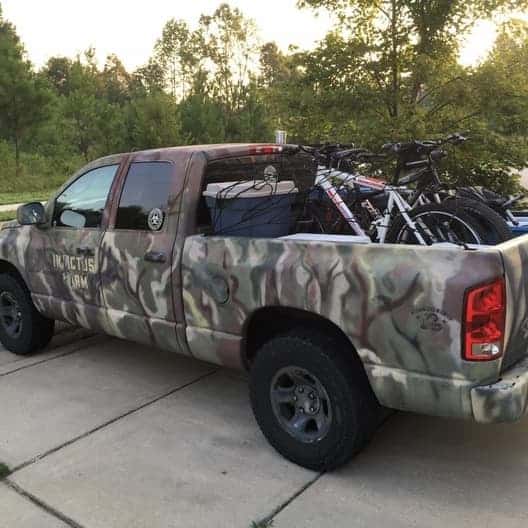www.mymtbgear.com Jeremy's Camouflaged truck packed and ready to roll for one of our first mountain bike camping weekends.